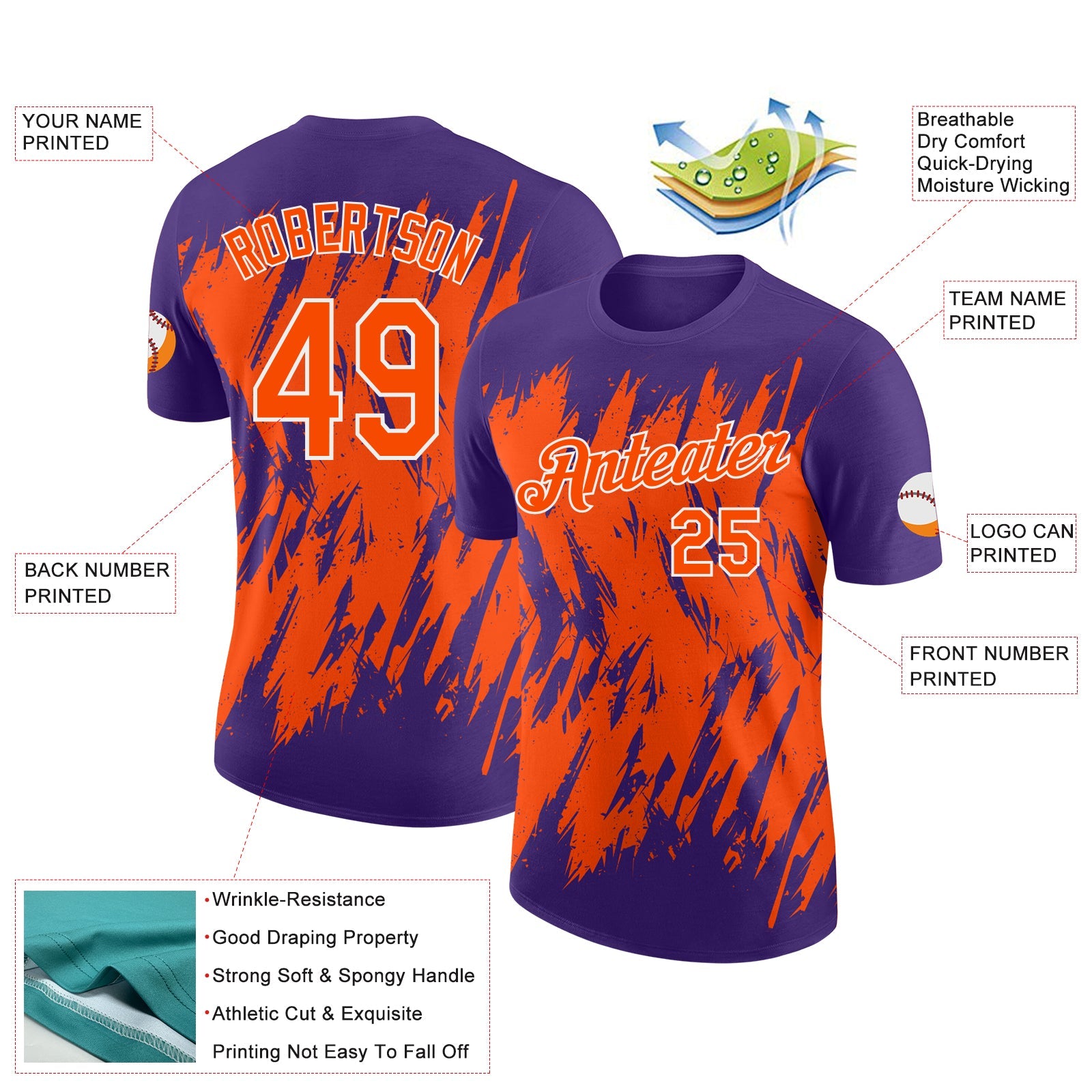Custom Purple Orange-White Torn Sharp Brush Stroke Splatter Performance T-Shirt
