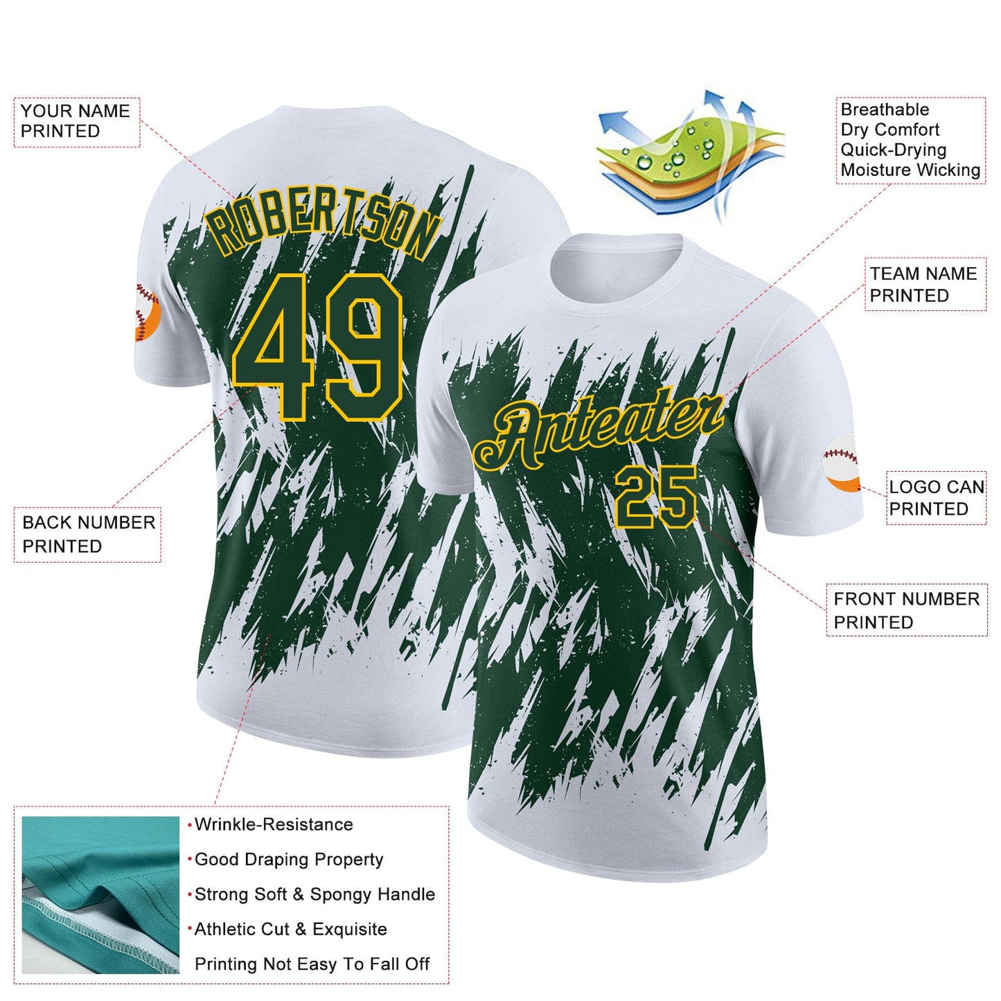 Custom White Green-Yellow Torn Sharp Brush Stroke Splatter Performance T-Shirt