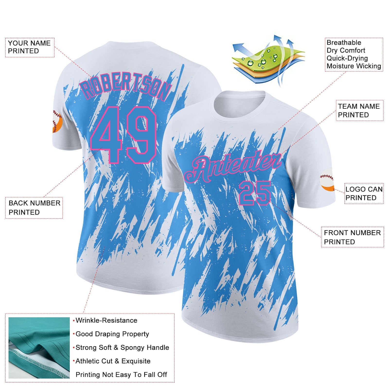 Custom White Powder Blue-Pink Torn Sharp Brush Stroke Splatter Performance T-Shirt