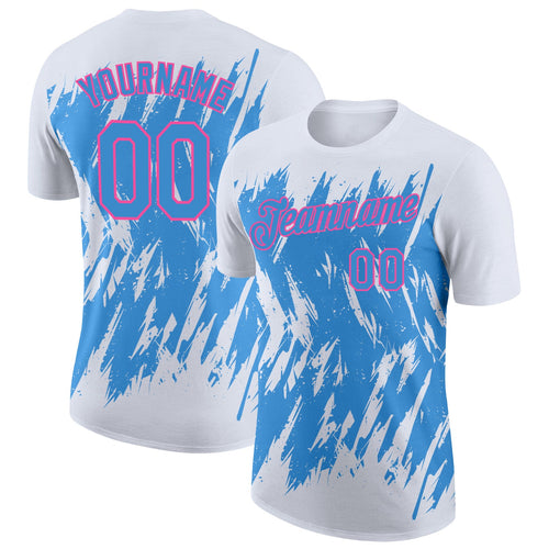 Custom White Powder Blue-Pink Torn Sharp Brush Stroke Splatter Performance T-Shirt