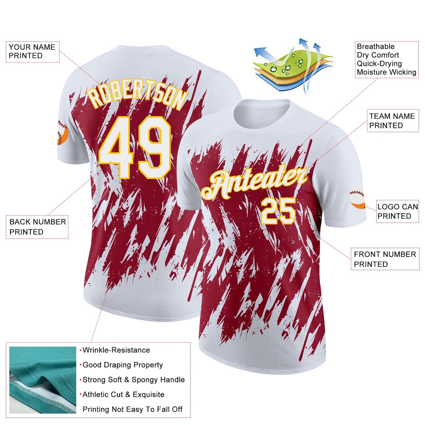 Custom White Crimson-Yellow Torn Sharp Brush Stroke Splatter Performance T-Shirt