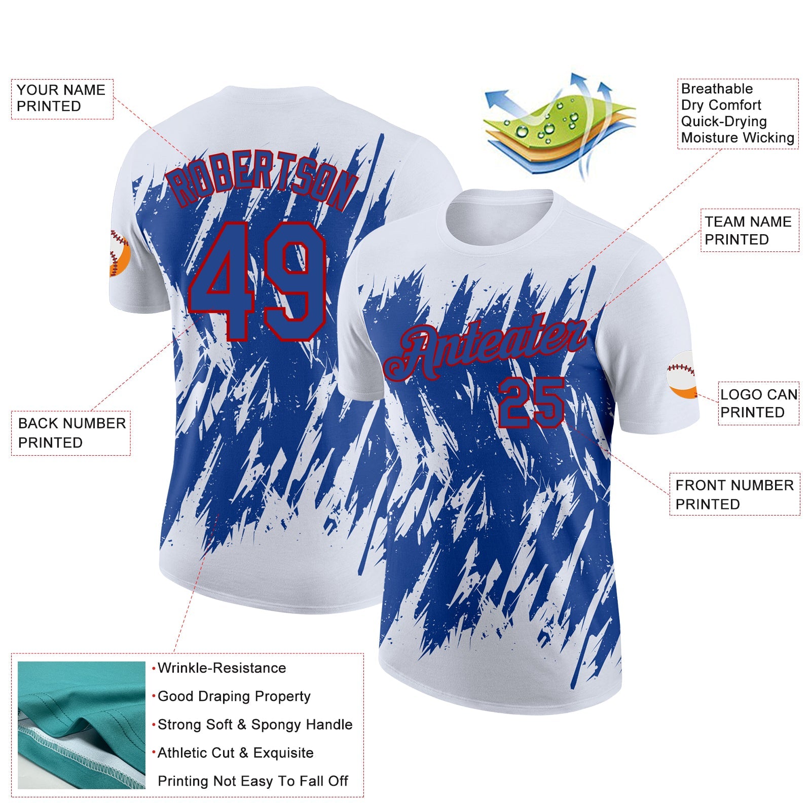 Custom White Royal-Red Torn Sharp Brush Stroke Splatter Performance T-Shirt