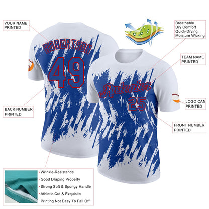 Custom White Royal-Red Torn Sharp Brush Stroke Splatter Performance T-Shirt