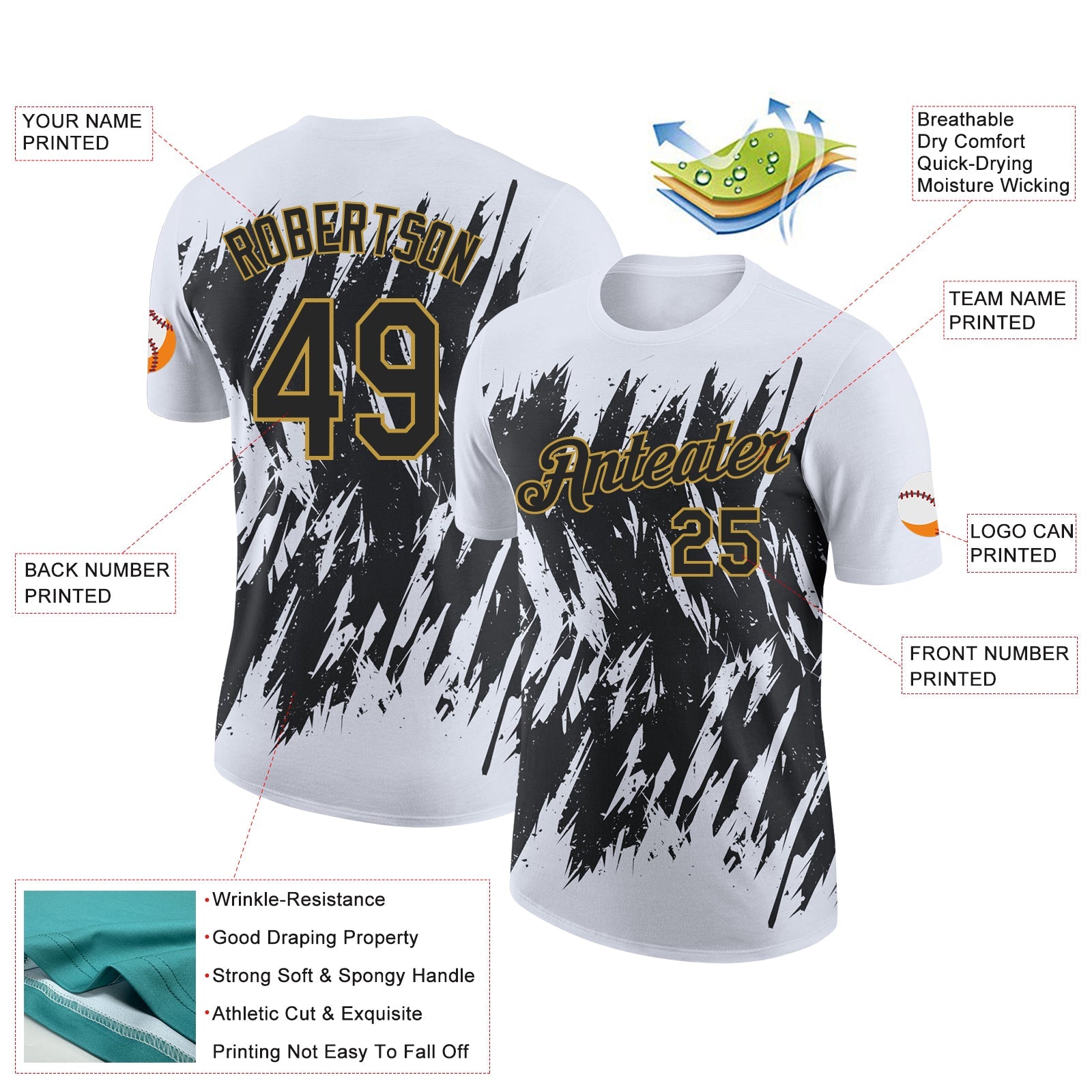 Custom White Black-Old Gold Torn Sharp Brush Stroke Splatter Performance T-Shirt