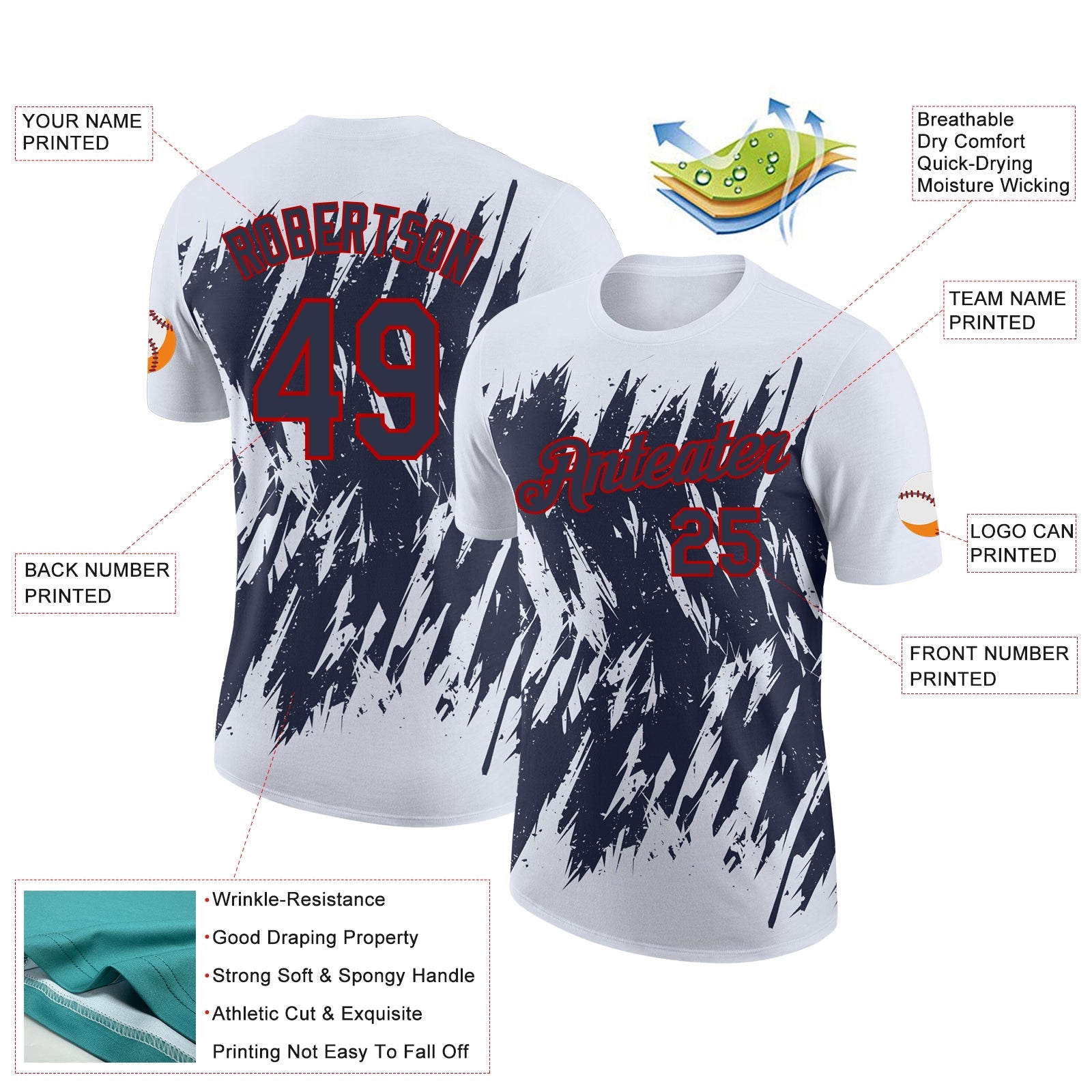 Custom White Navy-Red Torn Sharp Brush Stroke Splatter Performance T-Shirt
