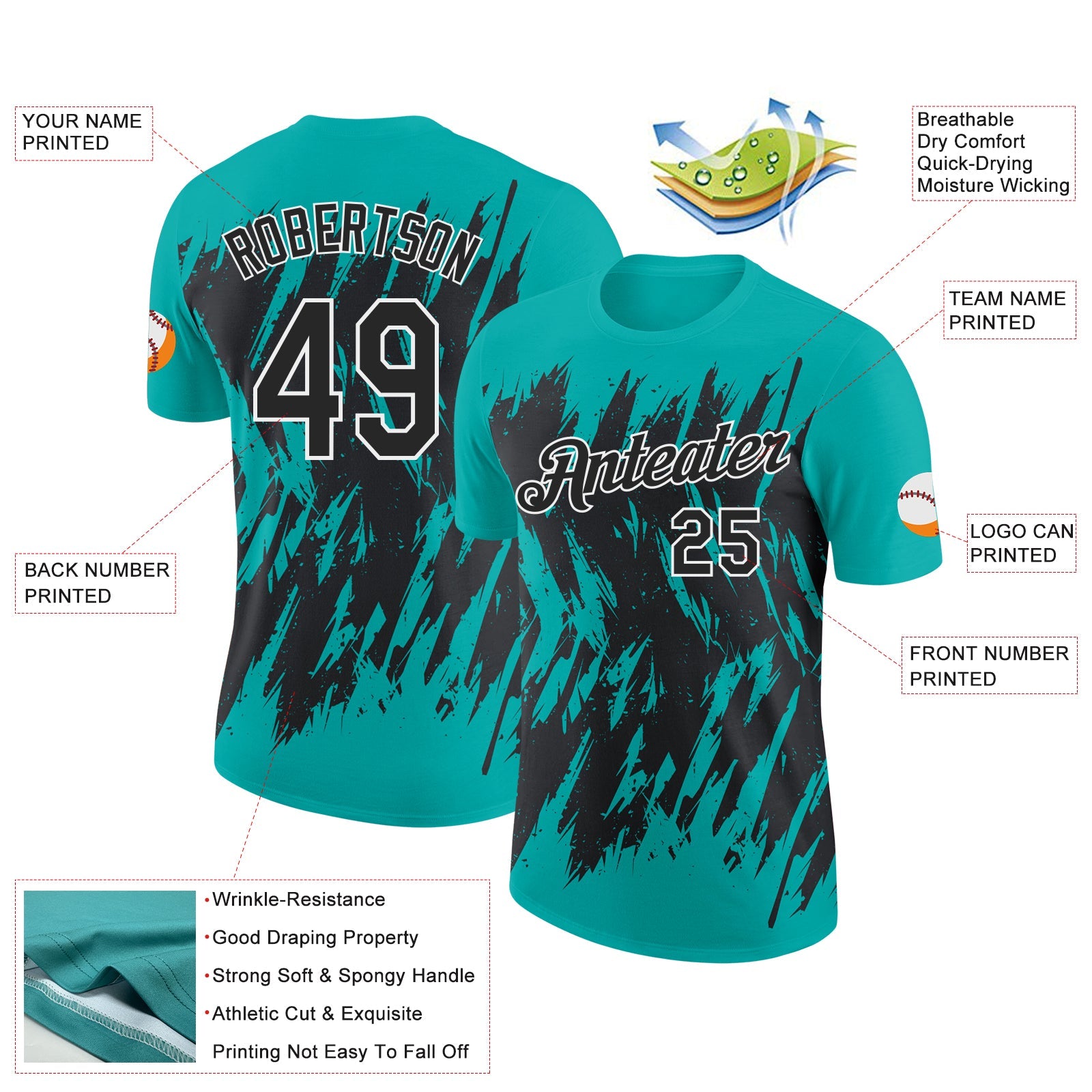 Custom Aqua Black-White Torn Sharp Brush Stroke Splatter Performance T-Shirt