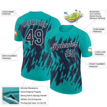 Custom Aqua Navy-White Torn Sharp Brush Stroke Splatter Performance T-Shirt
