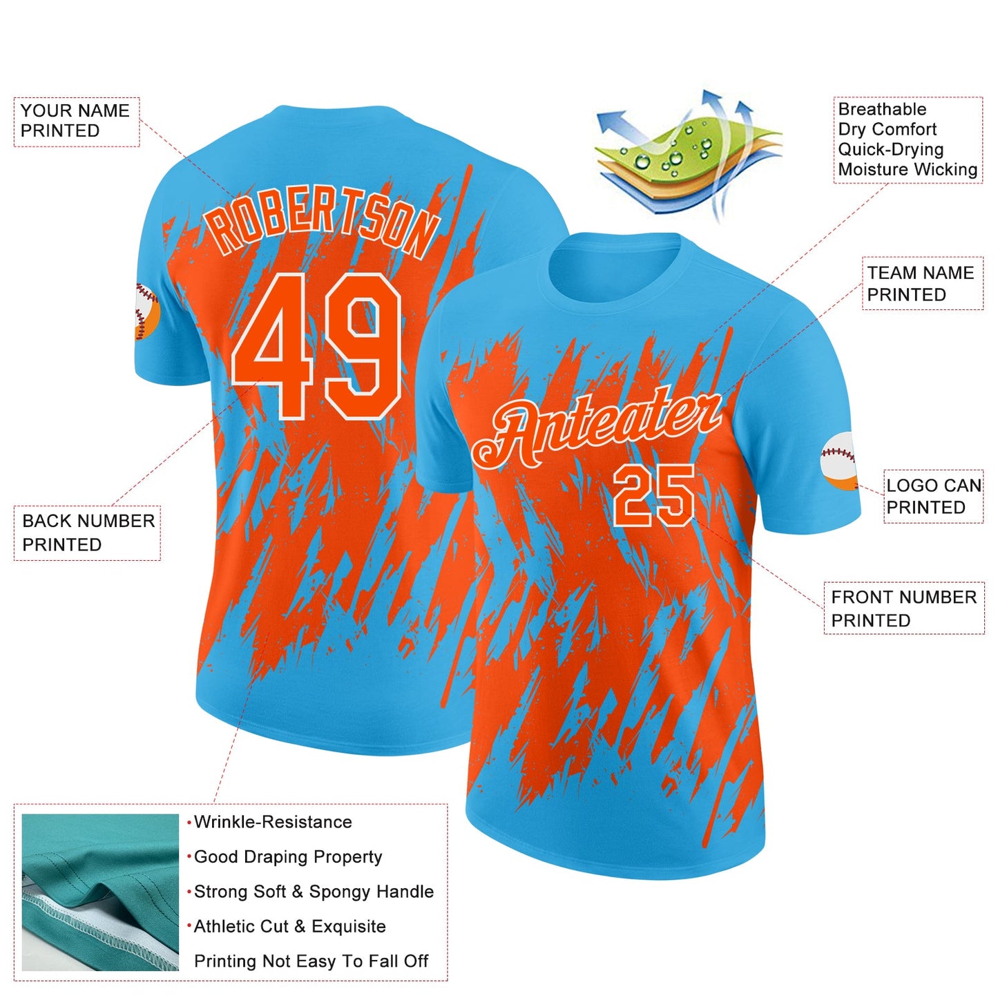 Custom Sky Blue Orange-White Torn Sharp Brush Stroke Splatter Performance T-Shirt
