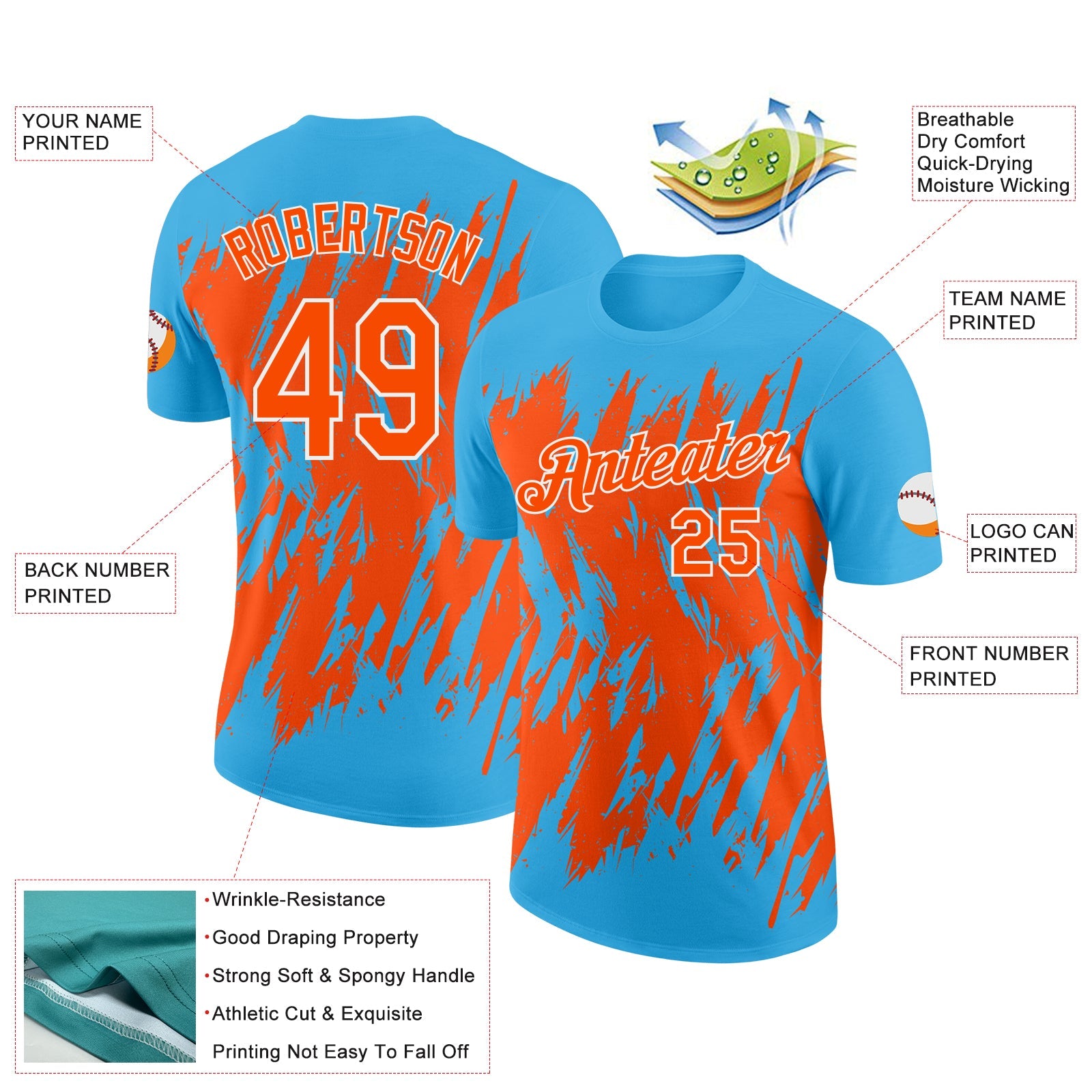 Custom Sky Blue Orange-White Torn Sharp Brush Stroke Splatter Performance T-Shirt