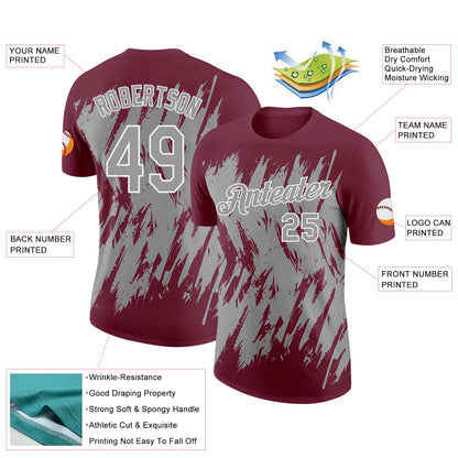 Custom Burgundy Gray-White Torn Sharp Brush Stroke Splatter Performance T-Shirt