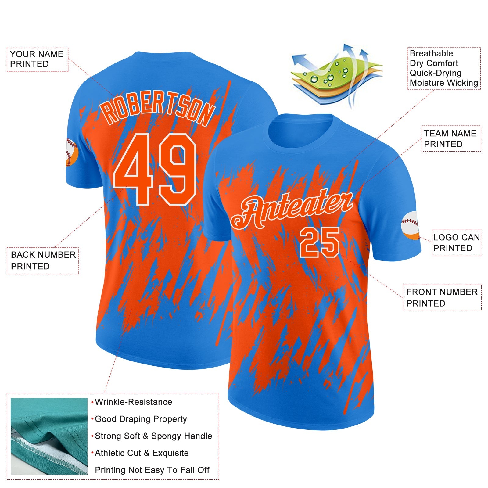 Custom Powder Blue Orange-White Torn Sharp Brush Stroke Splatter Performance T-Shirt