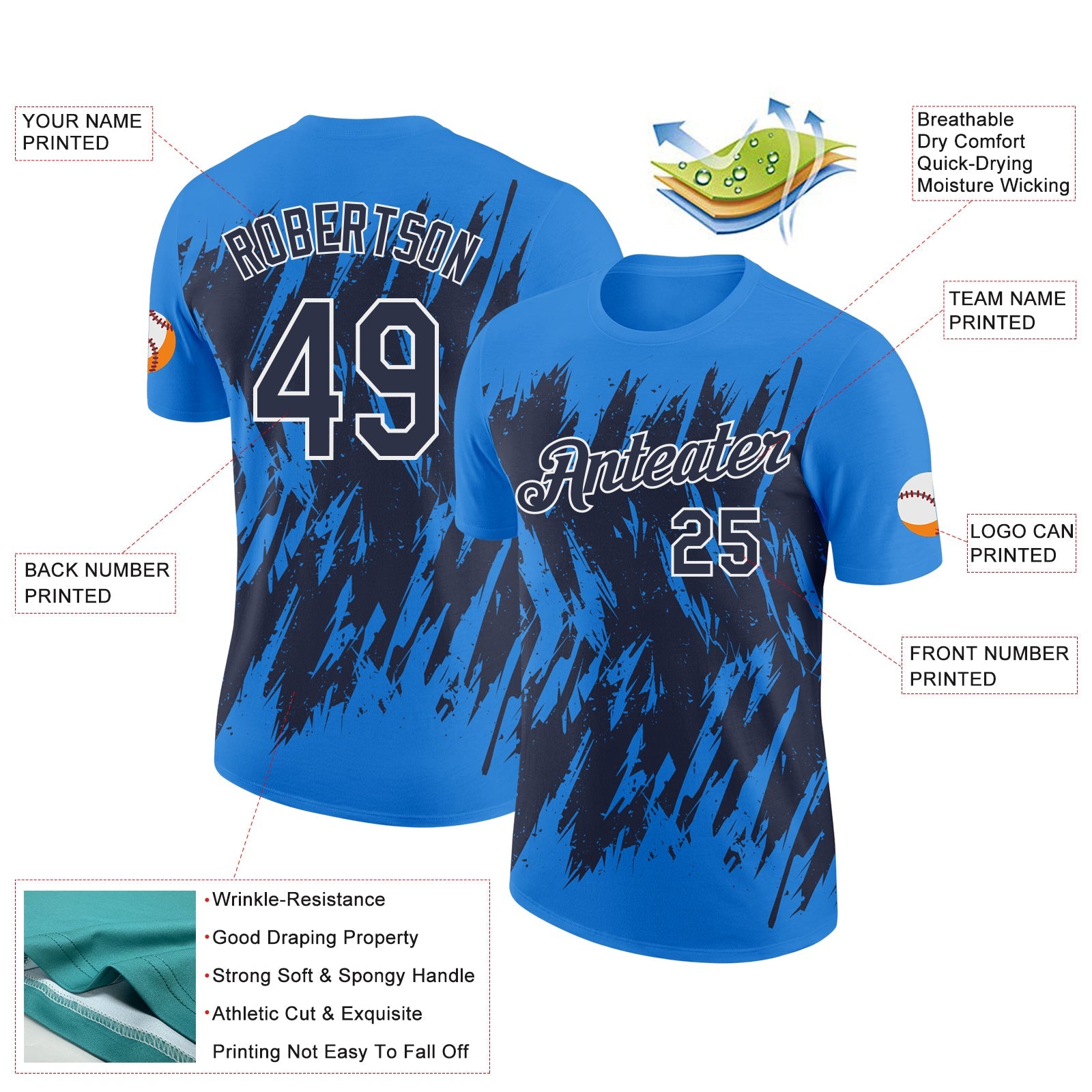 Custom Powder Blue Navy-White Torn Sharp Brush Stroke Splatter Performance T-Shirt