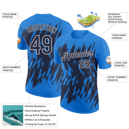 Custom Powder Blue Navy-White Torn Sharp Brush Stroke Splatter Performance T-Shirt