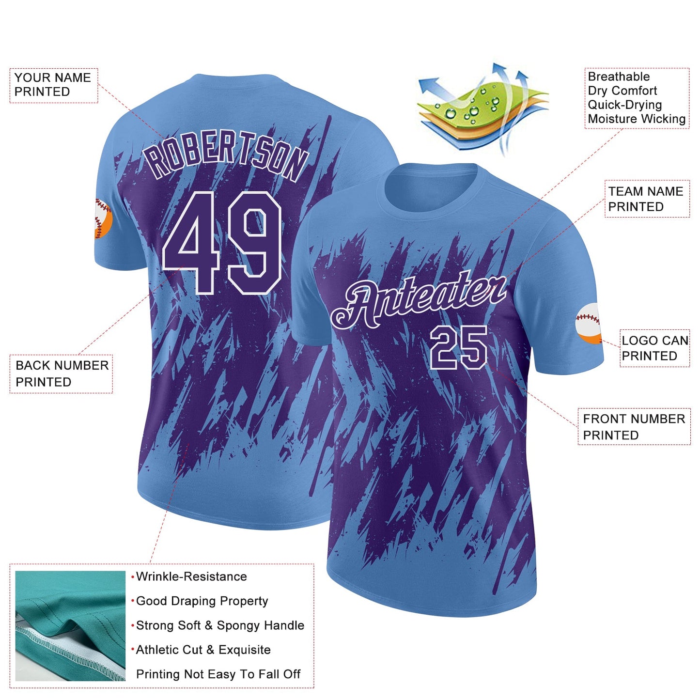 Custom Light Blue Purple-White Torn Sharp Brush Stroke Splatter Performance T-Shirt