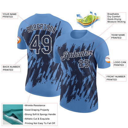 Custom Light Blue Navy-White Torn Sharp Brush Stroke Splatter Performance T-Shirt