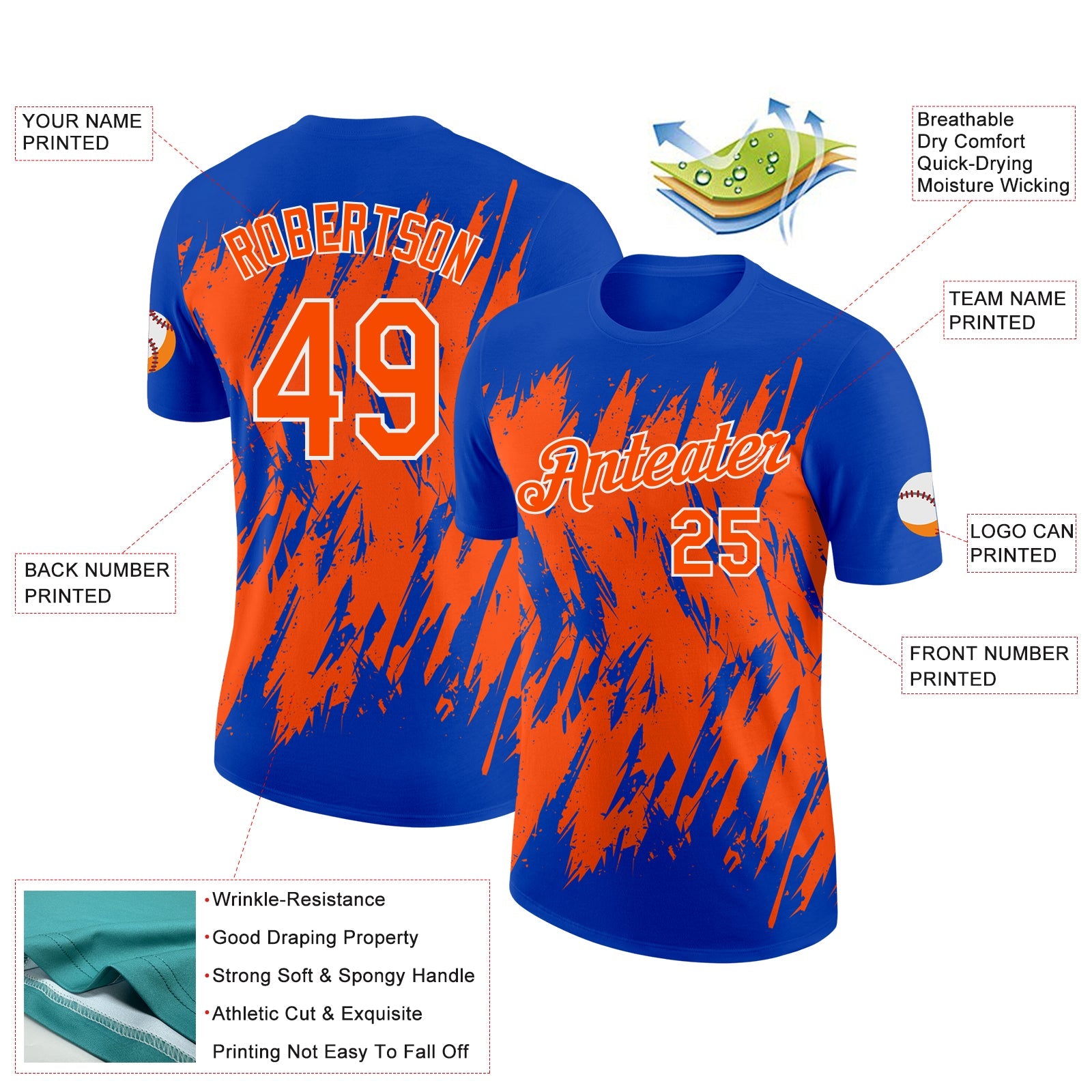 Custom Thunder Blue Orange-White Torn Sharp Brush Stroke Splatter Performance T-Shirt