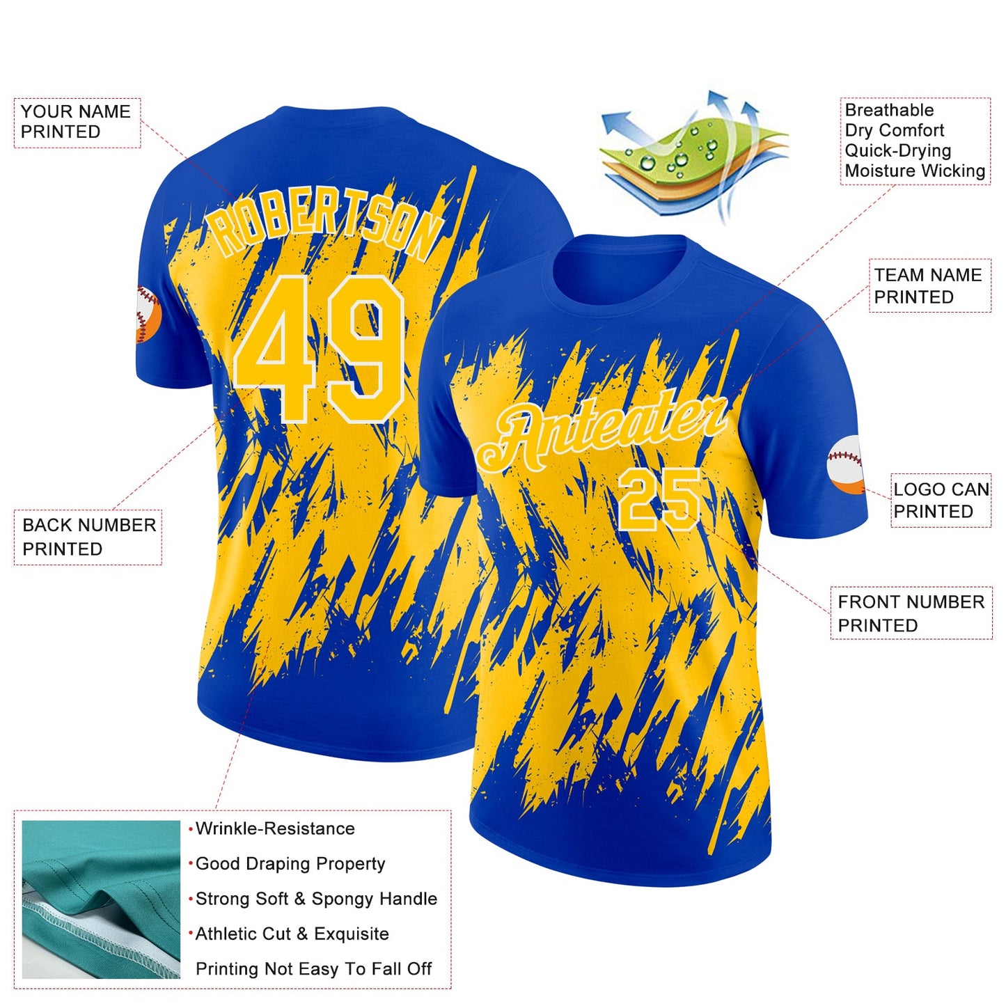 Custom Thunder Blue Yellow-White Torn Sharp Brush Stroke Splatter Performance T-Shirt
