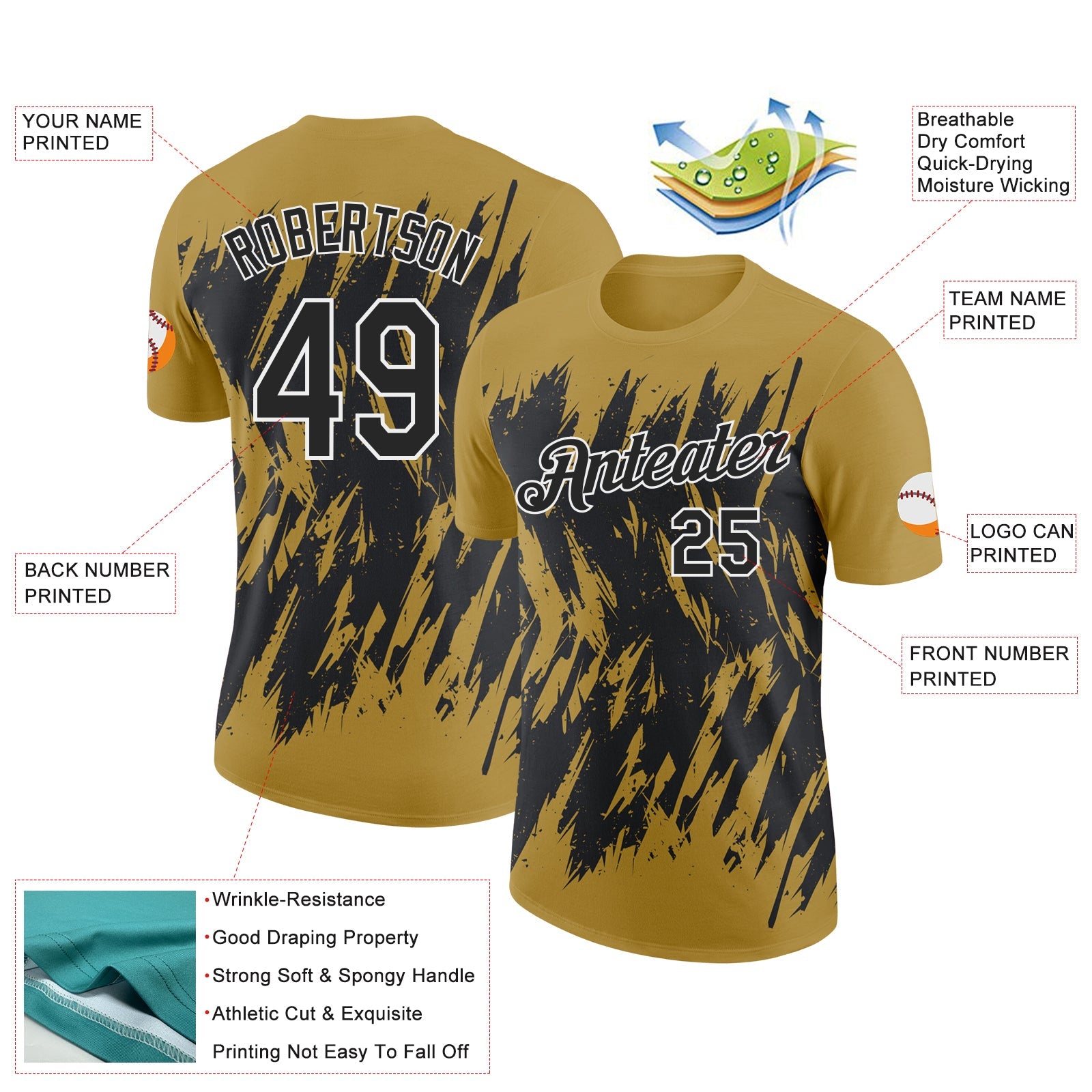 Custom Old Gold Black-White Torn Sharp Brush Stroke Splatter Performance T-Shirt