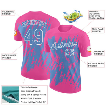 Custom Pink Light Blue-White Torn Sharp Brush Stroke Splatter Performance T-Shirt