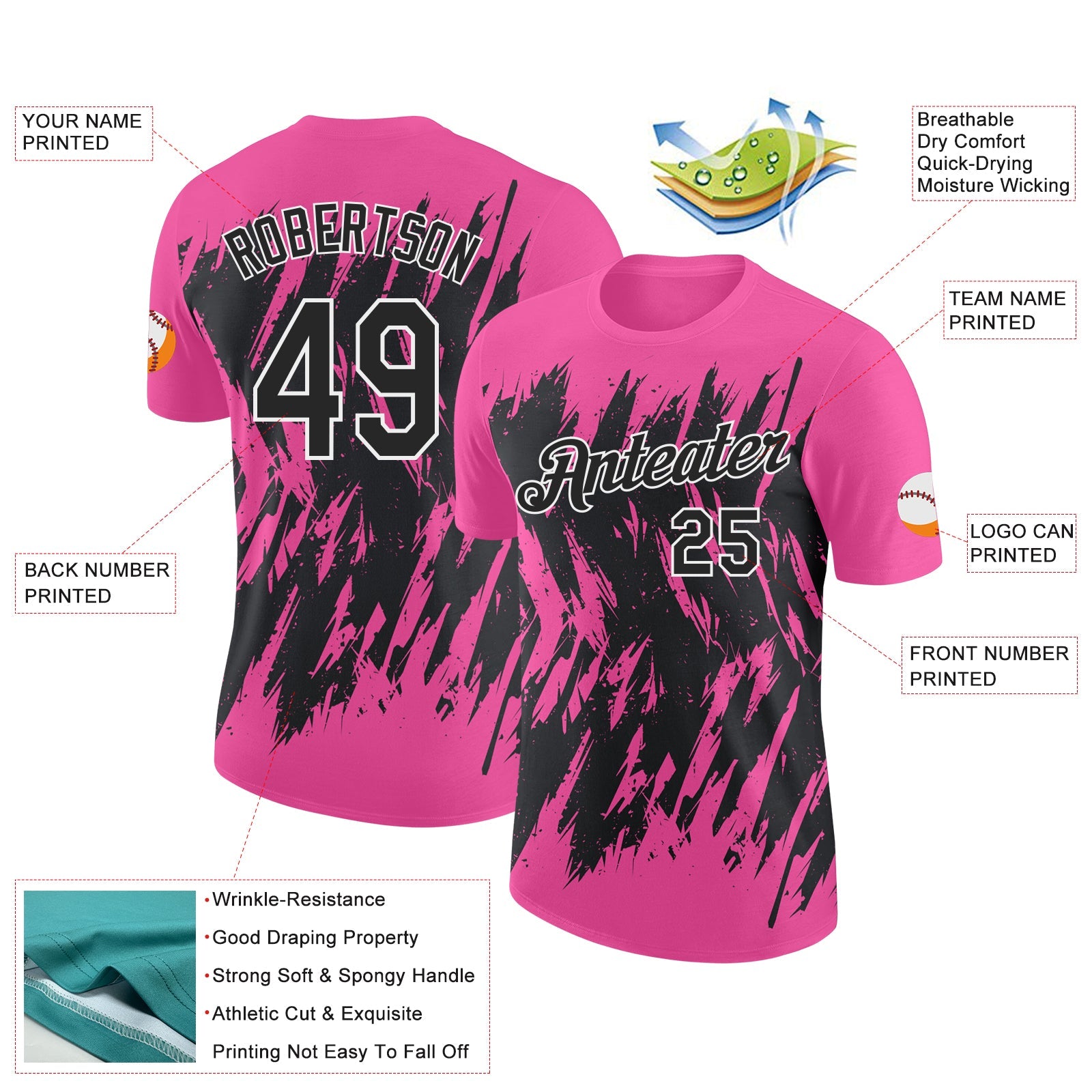 Custom Pink Black-White Torn Sharp Brush Stroke Splatter Performance T-Shirt
