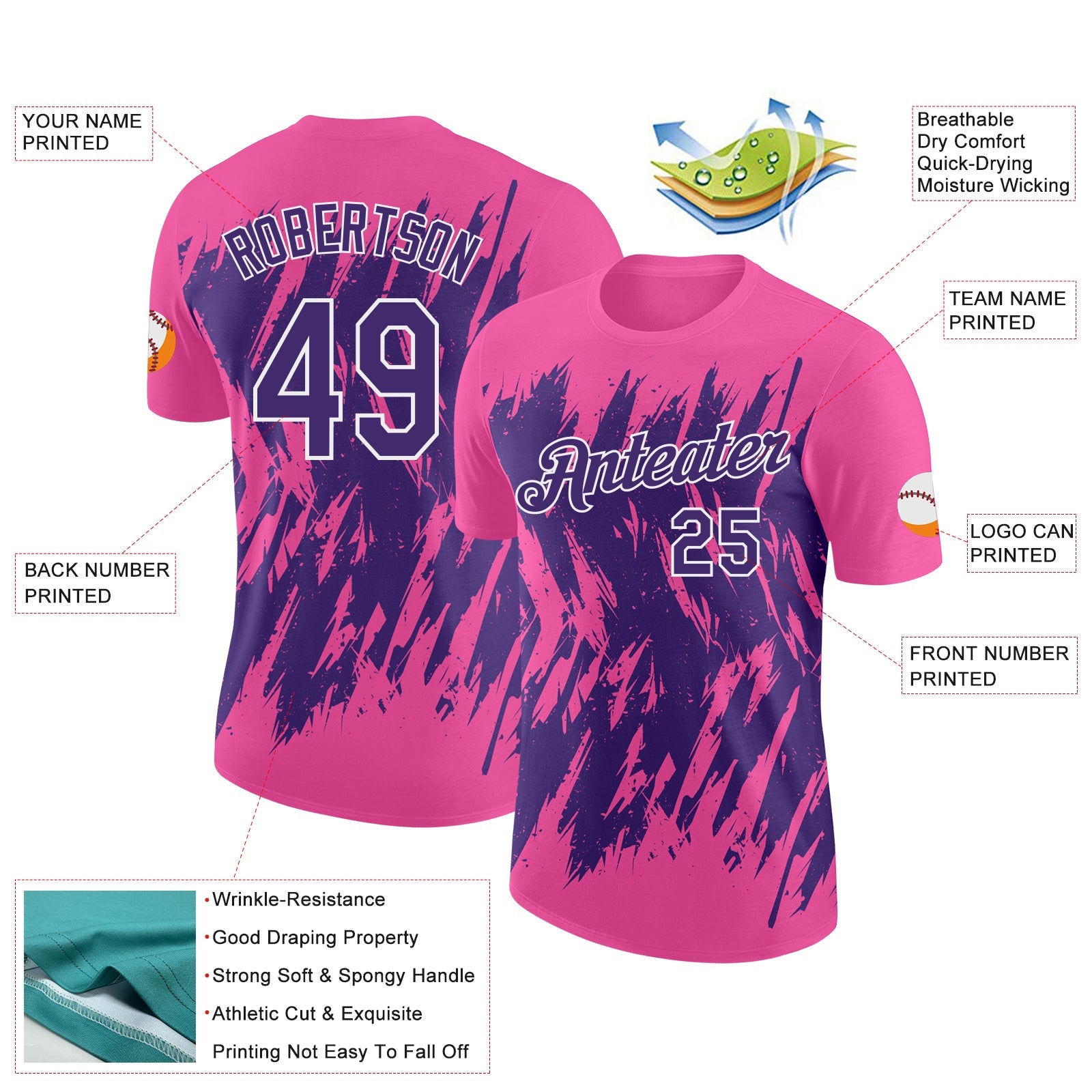 Custom Pink Purple-White Torn Sharp Brush Stroke Splatter Performance T-Shirt