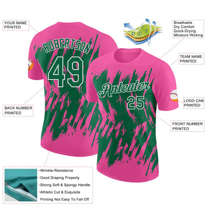 Custom Pink Kelly Green-White Torn Sharp Brush Stroke Splatter Performance T-Shirt