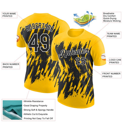 Custom Yellow Black-White Torn Sharp Brush Stroke Splatter Performance T-Shirt