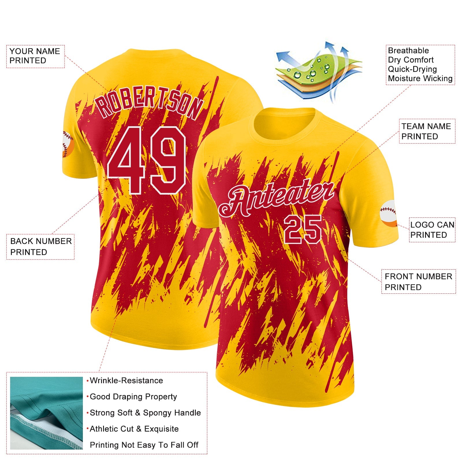 Custom Yellow Red-White Torn Sharp Brush Stroke Splatter Performance T-Shirt