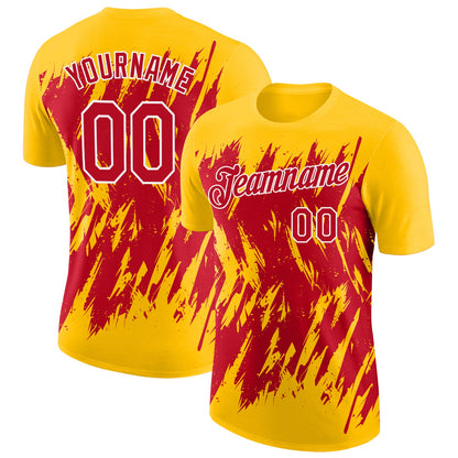 Custom Yellow Red-White Torn Sharp Brush Stroke Splatter Performance T-Shirt
