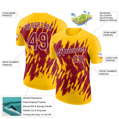 Custom Yellow Crimson-White Torn Sharp Brush Stroke Splatter Performance T-Shirt