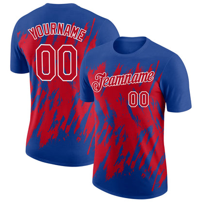 Custom Royal Red-White Torn Sharp Brush Stroke Splatter Performance T-Shirt