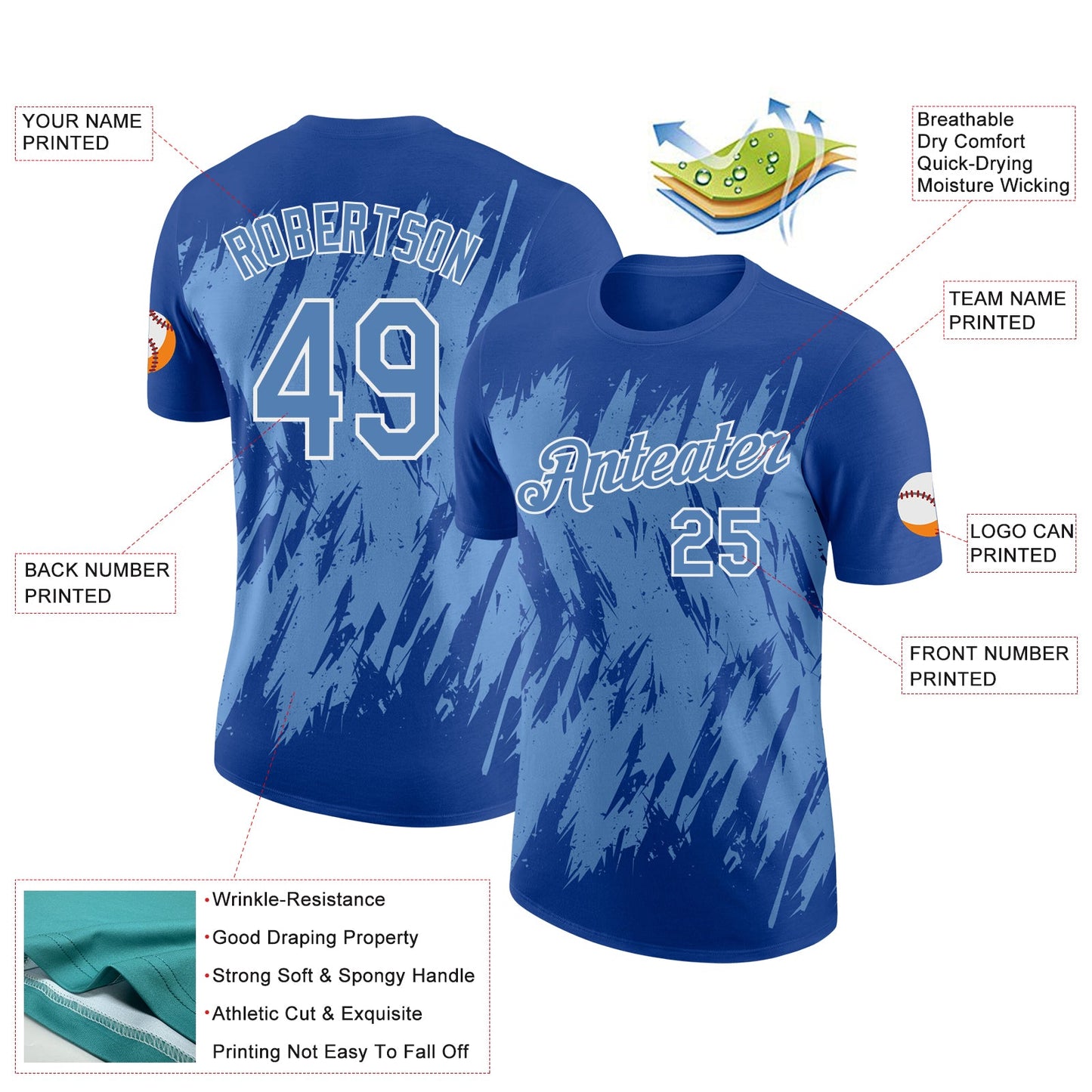 Custom Royal Light Blue-White Torn Sharp Brush Stroke Splatter Performance T-Shirt