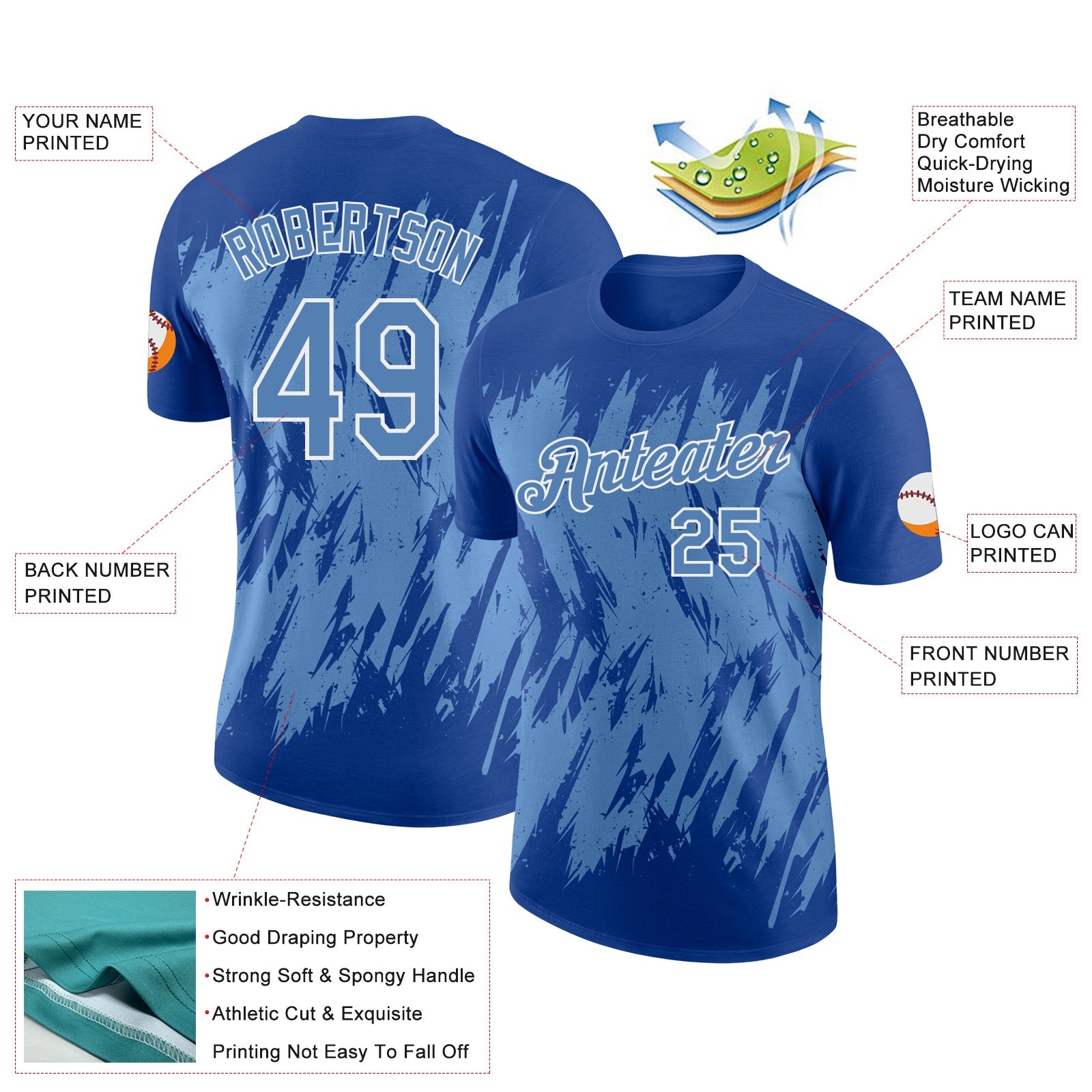 Custom Royal Light Blue-White Torn Sharp Brush Stroke Splatter Performance T-Shirt