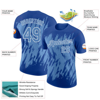 Custom Royal Light Blue-White Torn Sharp Brush Stroke Splatter Performance T-Shirt
