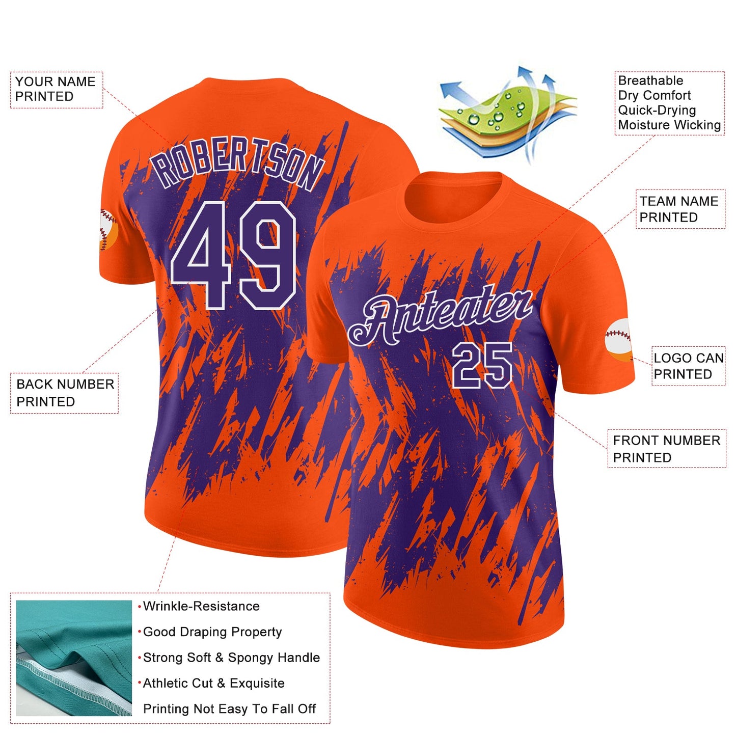 Custom Orange Purple-White Torn Sharp Brush Stroke Splatter Performance T-Shirt