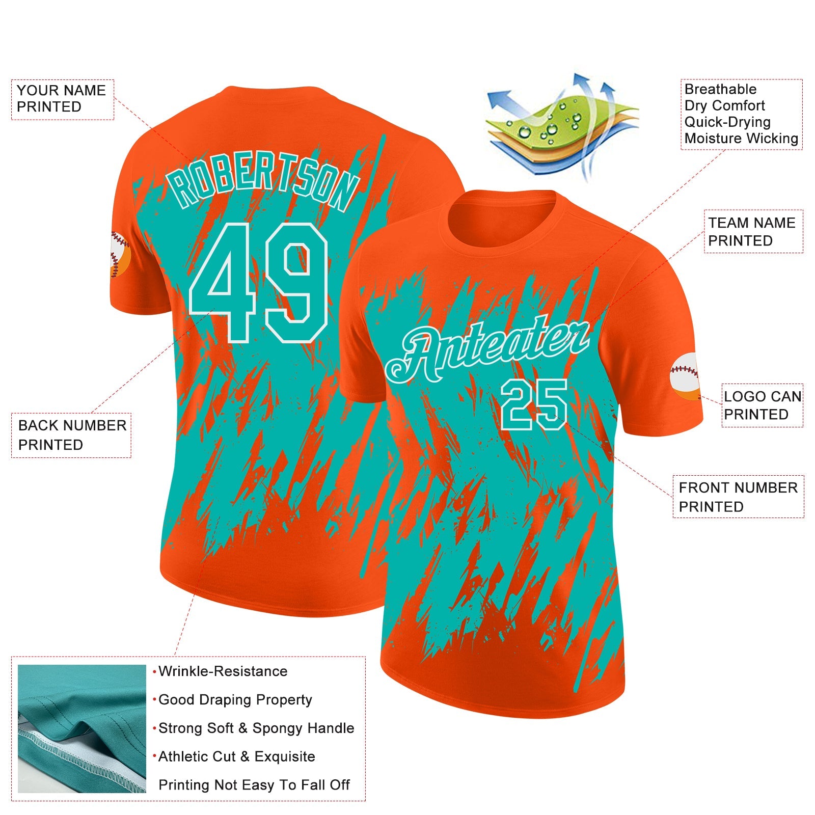 Custom Orange Aqua-White Torn Sharp Brush Stroke Splatter Performance T-Shirt