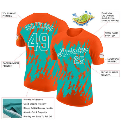 Custom Orange Aqua-White Torn Sharp Brush Stroke Splatter Performance T-Shirt