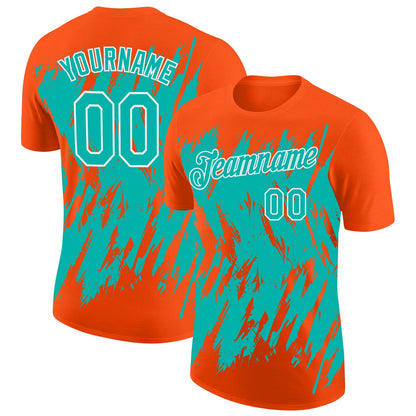 Custom Orange Aqua-White Torn Sharp Brush Stroke Splatter Performance T-Shirt