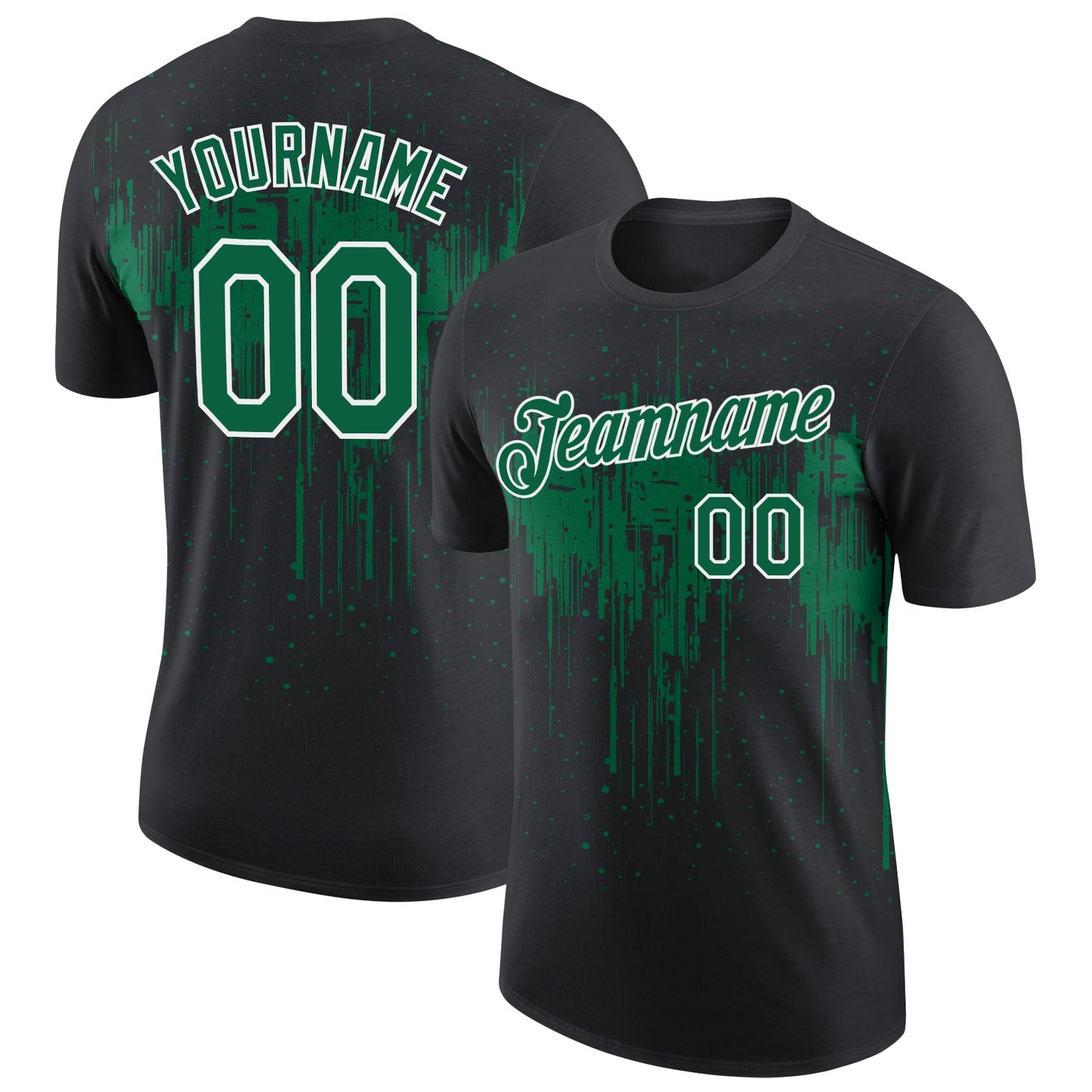 Custom Black Kelly Green-White Dripping Splatter Paint Performance T-Shirt