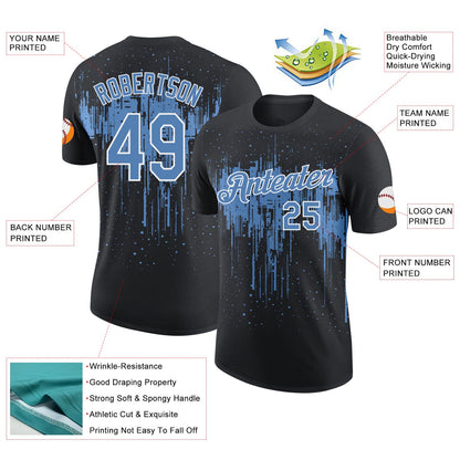 Custom Black Light Blue-White Dripping Splatter Paint Performance T-Shirt