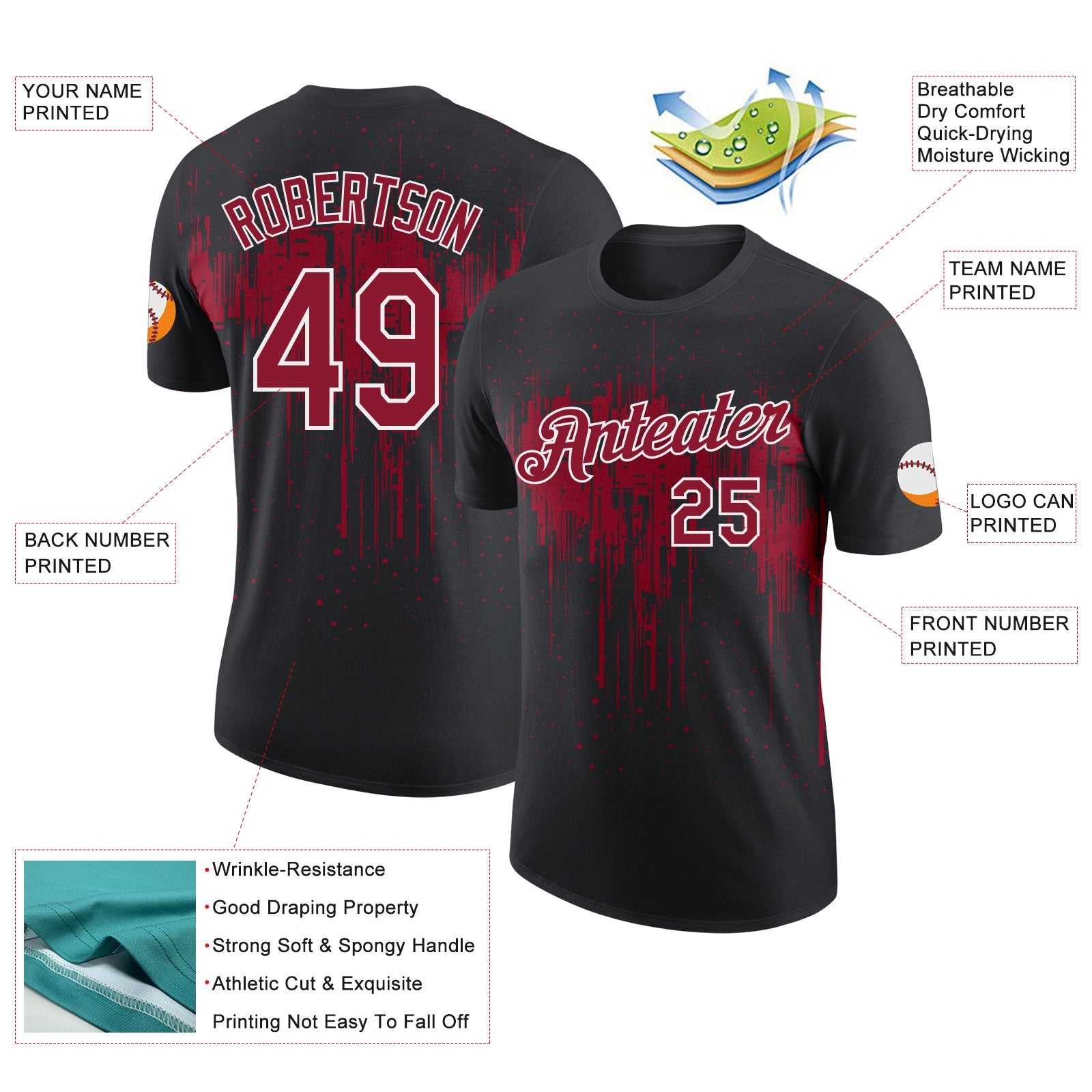 Custom Black Crimson-White Dripping Splatter Paint Performance T-Shirt