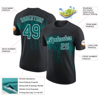 Custom Black Teal-White Dripping Splatter Paint Performance T-Shirt