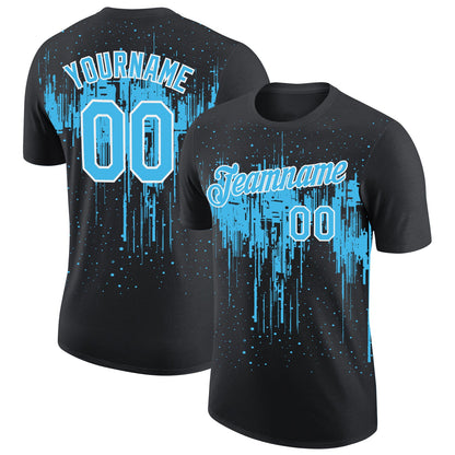 Custom Black Sky Blue-White Dripping Splatter Paint Performance T-Shirt
