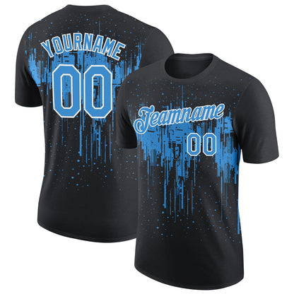 Custom Black Powder Blue-White Dripping Splatter Paint Performance T-Shirt