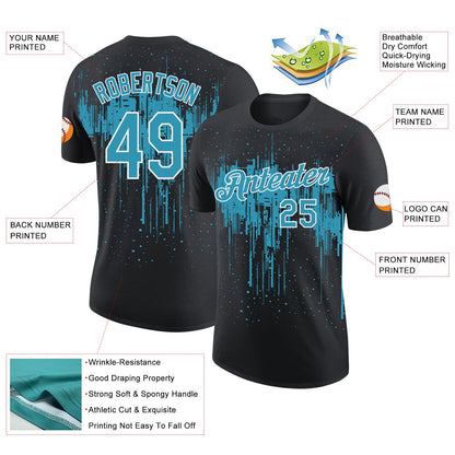 Custom Black Panther Blue-White Dripping Splatter Paint Performance T-Shirt