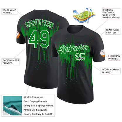 Custom Black Grass Green-White Dripping Splatter Paint Performance T-Shirt