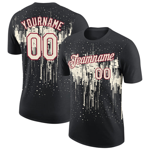 Custom Black Cream-Crimson Dripping Splatter Paint Performance T-Shirt
