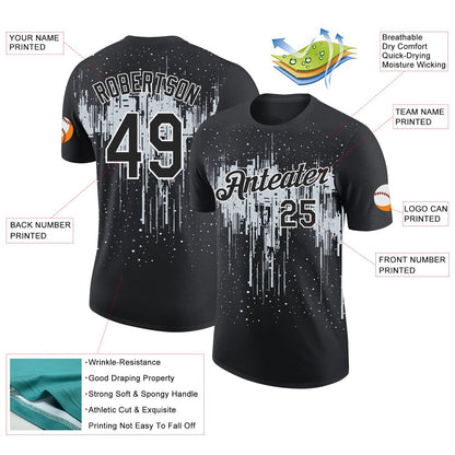 Custom Black Silver-White Dripping Splatter Paint Performance T-Shirt