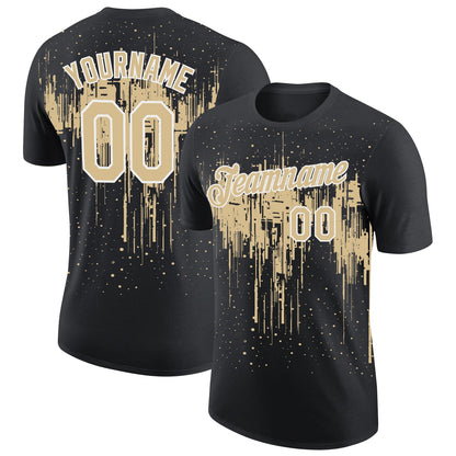 Custom Black Vegas Gold-White Dripping Splatter Paint Performance T-Shirt