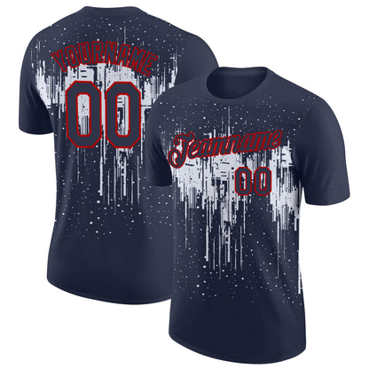 Custom Navy White-Red Dripping Splatter Paint Performance T-Shirt